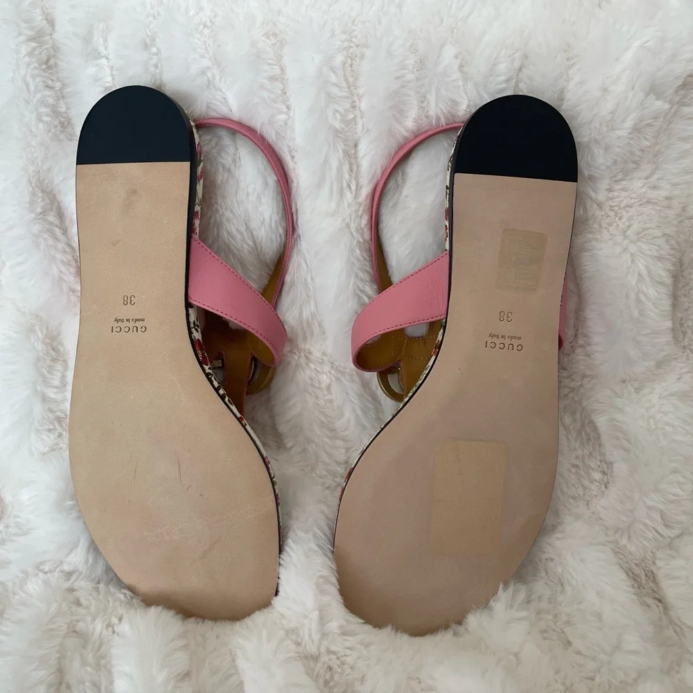 Gucci Pink Floral Leather T-Strap Sandals with Gold Double G - Picture 2 of 6
